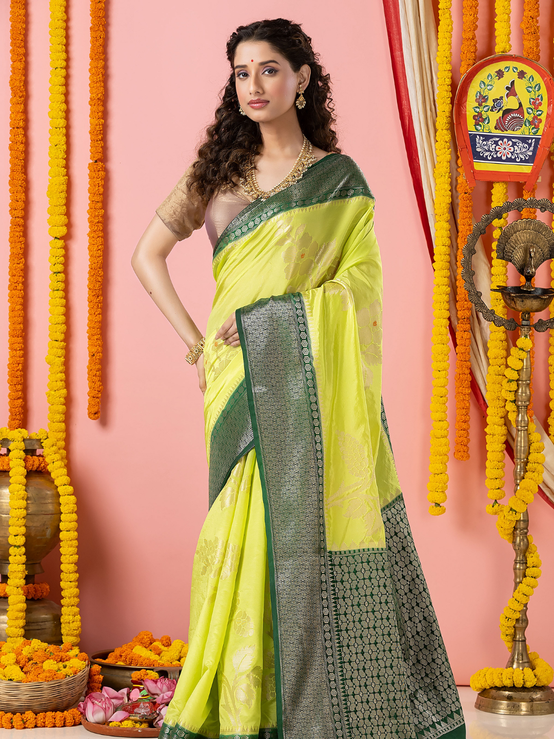 Classic Benarasi Semi Silk Saree | Lime Yellow