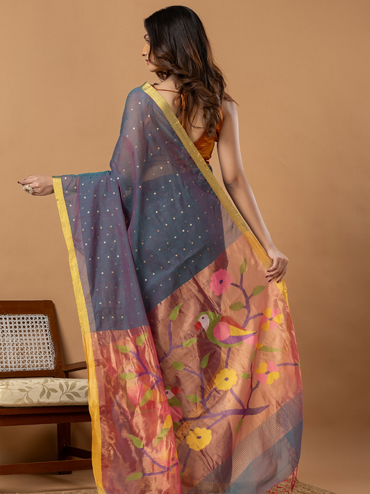 Handwoven Jamdani Muslin Saree | Slate Blue