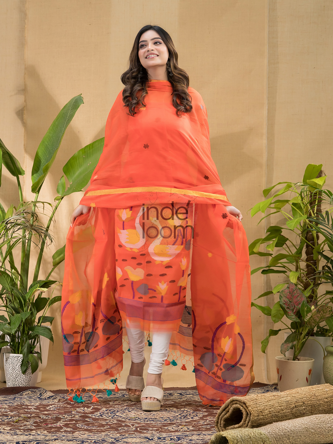 Pumpkin Orange Jamdani 2-Piece Set Kurti & Dupatta (UNSTITCHED) -754