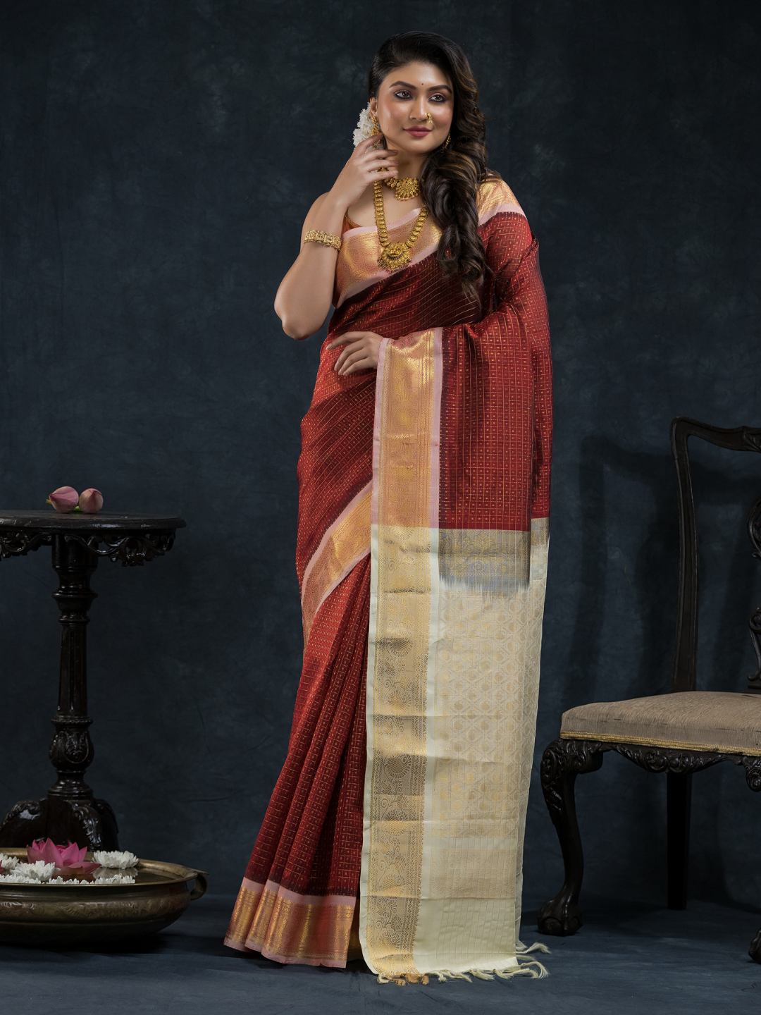 Pure Handloom Korvai Silk Cotton Saree In Red Brown -178