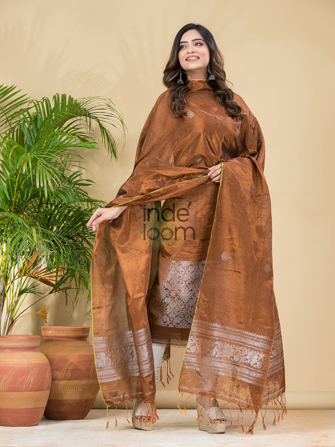 Peanut Brown Tissue Linen Silver Zari Jamdani 2-Piece Set Kurti & Dupatta (UNSTITCHED) - 885