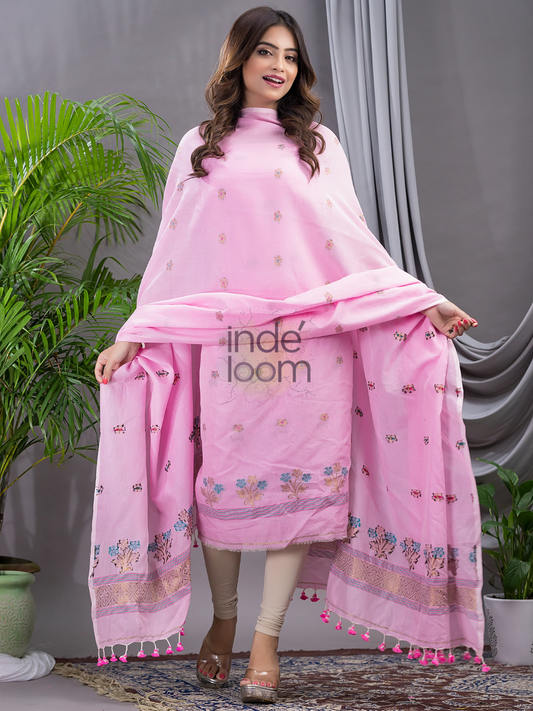 Baby Pink 120 Count Count Jamdani 2-Piece Set Kurti & Dupatta (UNSTITCHED) - 139