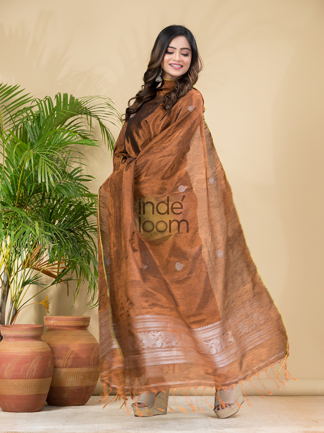 Peanut Brown Tissue Linen Silver Zari Jamdani 2-Piece Set Kurti & Dupatta (UNSTITCHED) - 885