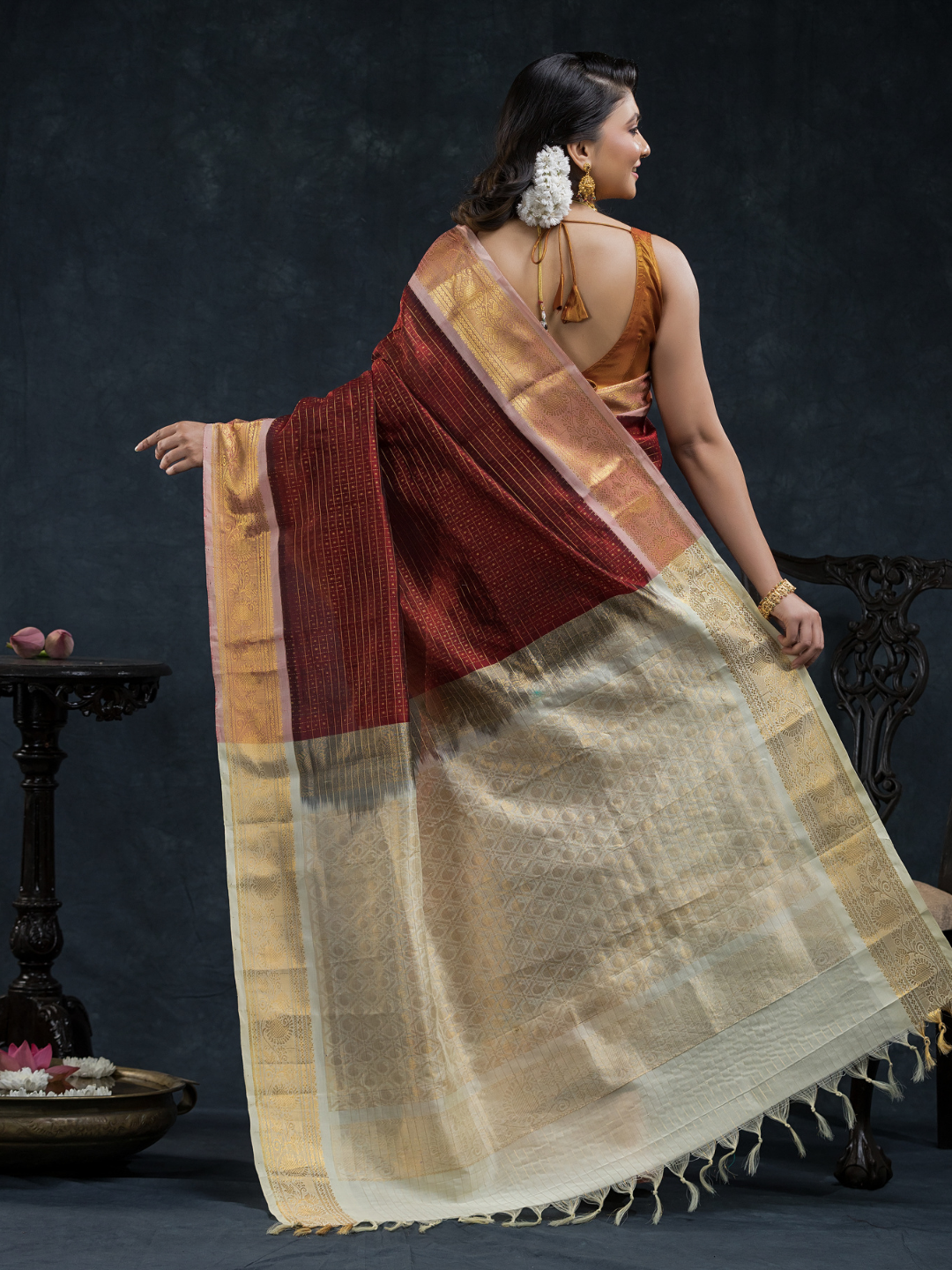 Pure Handloom Korvai Silk Cotton Saree In Red Brown -178