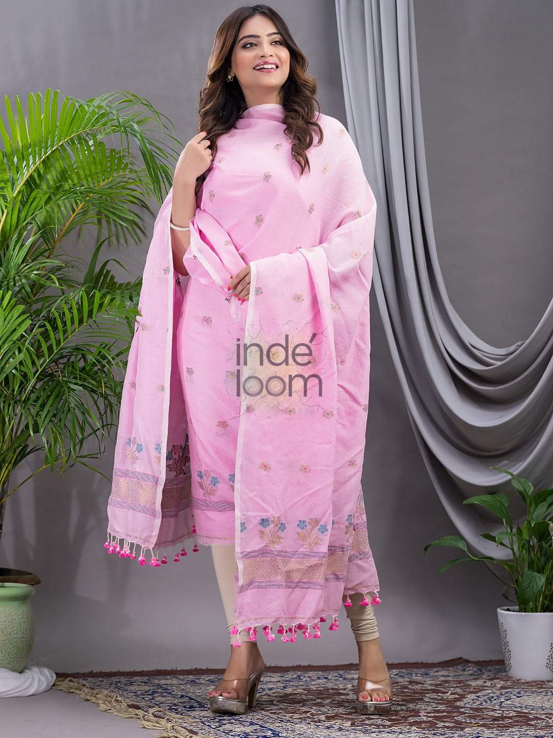 Baby Pink 120 Count Count Jamdani 2-Piece Set Kurti & Dupatta (UNSTITCHED) - 139