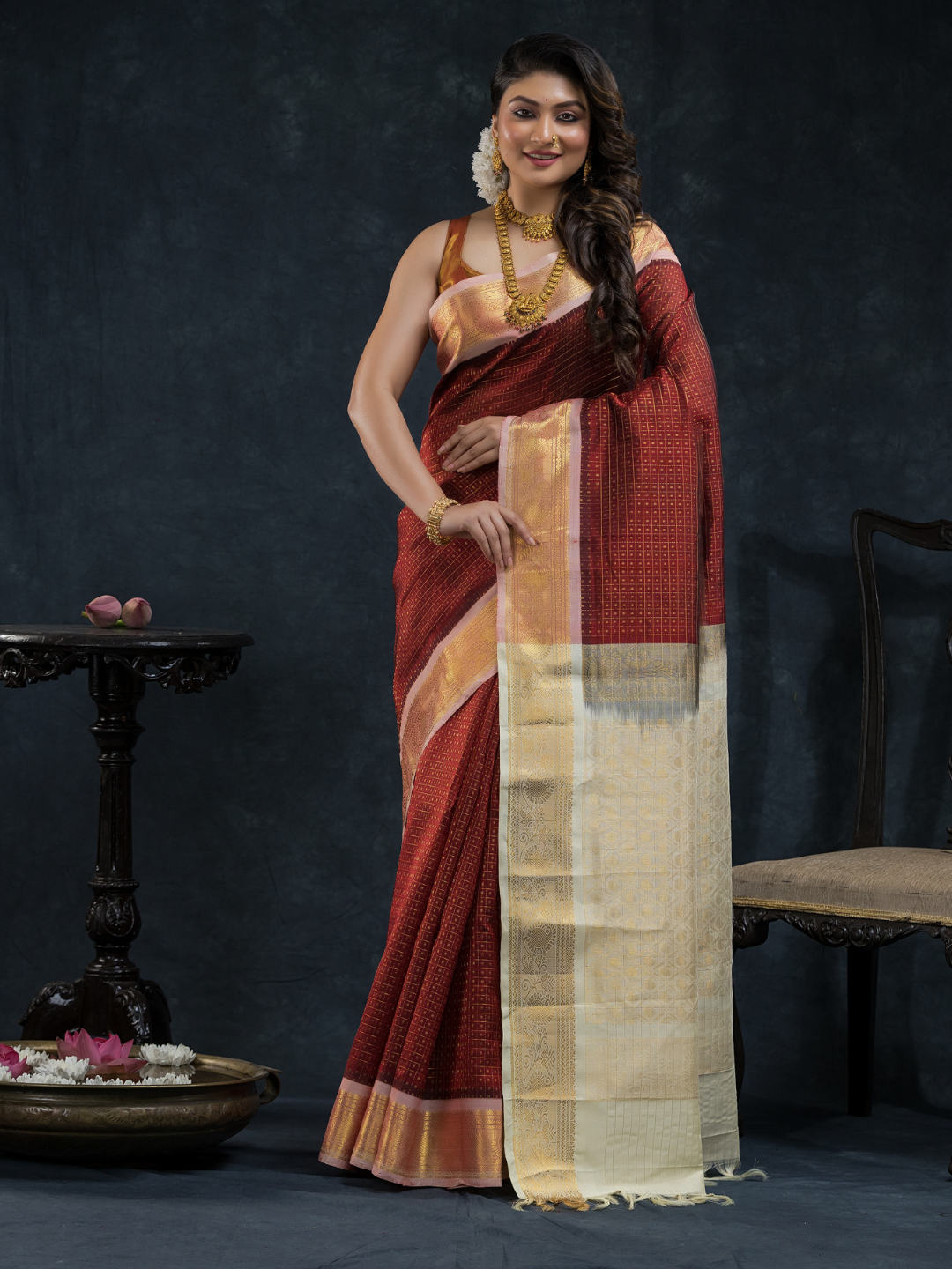 Pure Handloom Korvai Silk Cotton Saree In Red Brown -178