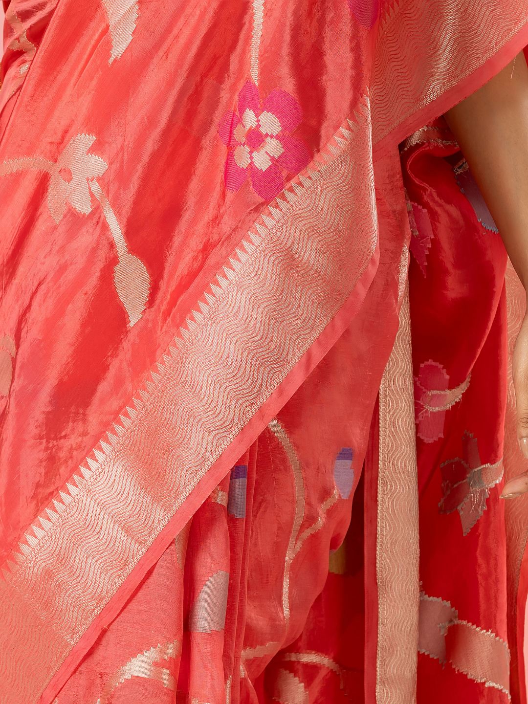 Classic Benarasi Semi Silk Saree | Coral Red