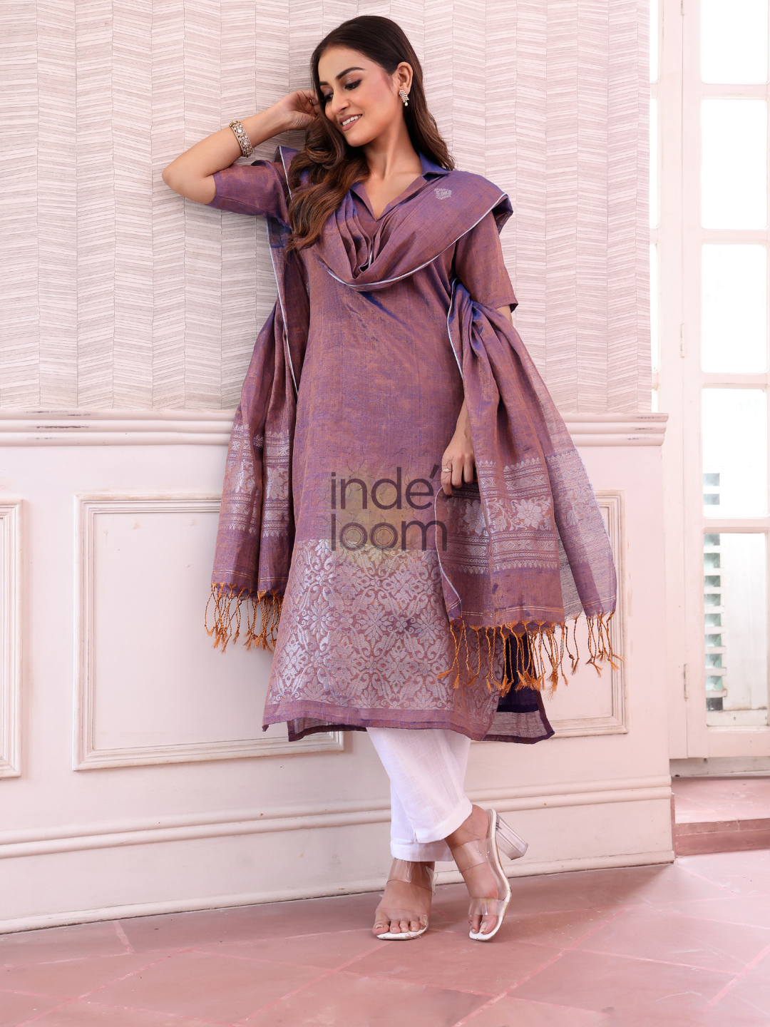 Lavender Purple Tissue Linen Silver Zari Jamdani 2-Piece Set Kurti & Dupatta (UNSTITCHED) - 305
