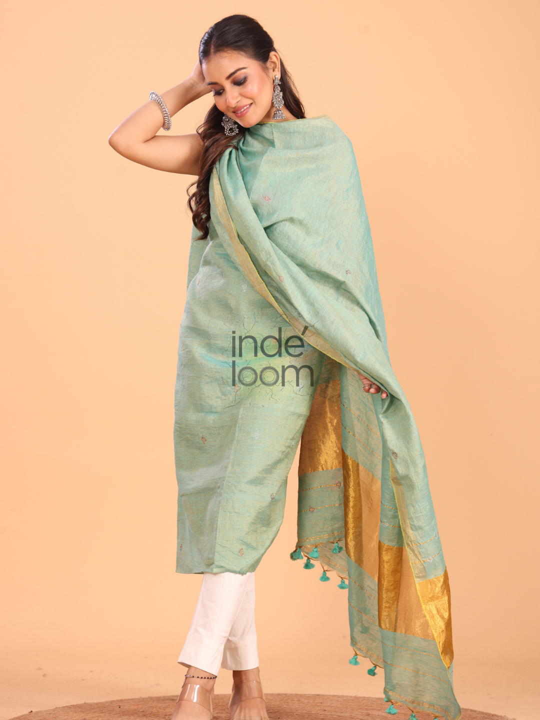 Mint Green Tissue Linen Jamdani 2-Piece Set Kurti & Dupatta (UNSTITCHED) - 054