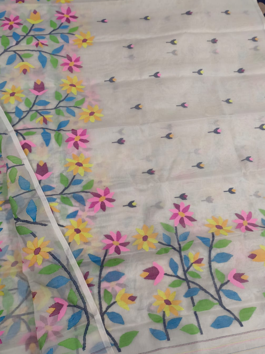 Handwoven Pure Jamdani Cotton Saree  |  Cream Beige
