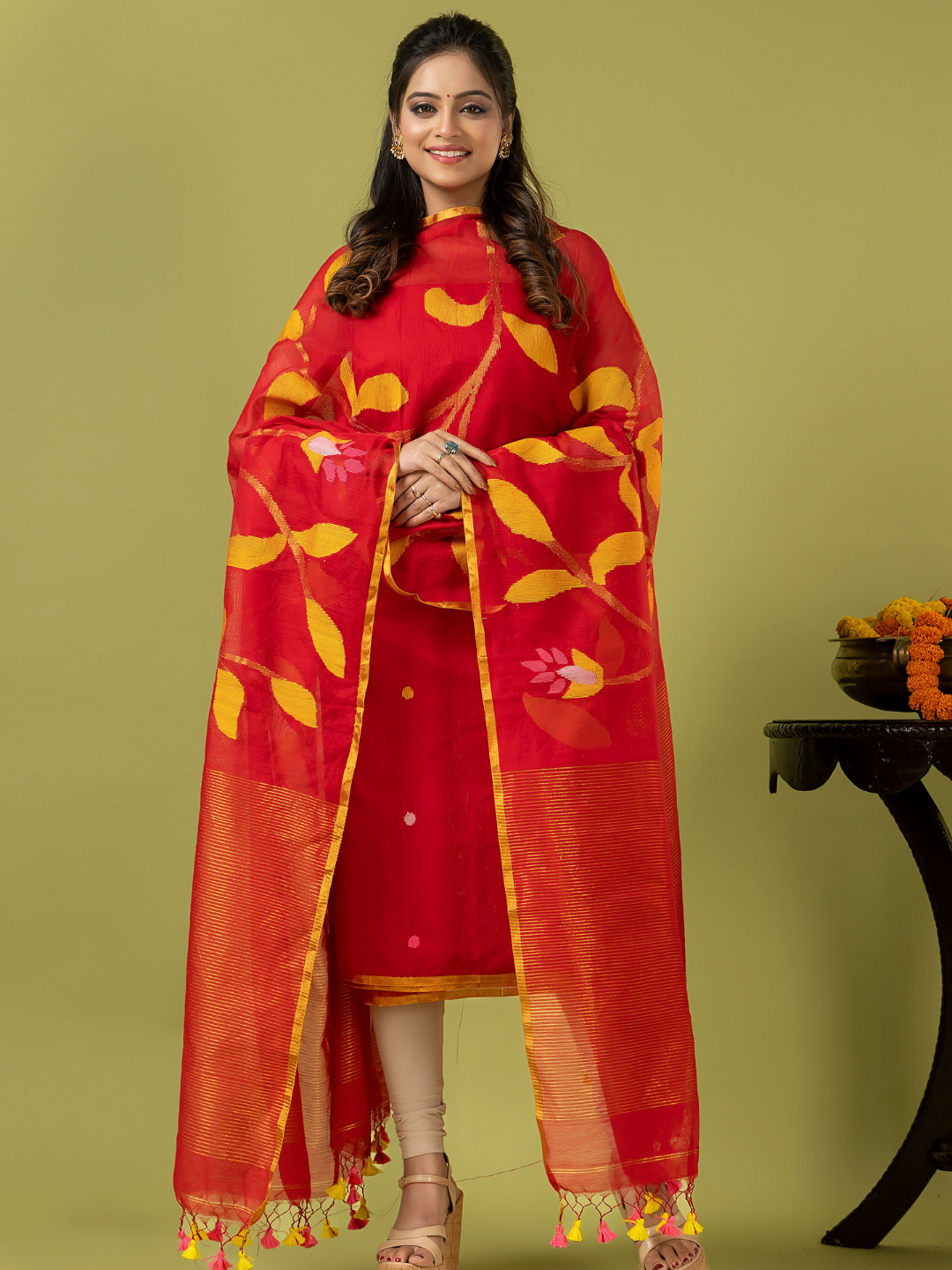 Handwoven Jamdani Silk Cotton Unstitched 2-piece Kurti | Vermilion Red