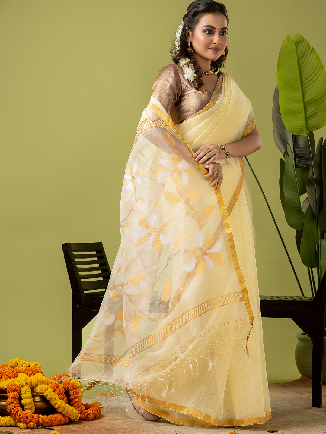 Pure Jamdani Linen Saree | Light Yellow  and Yelllow  | Half and Half style with Contrast Border