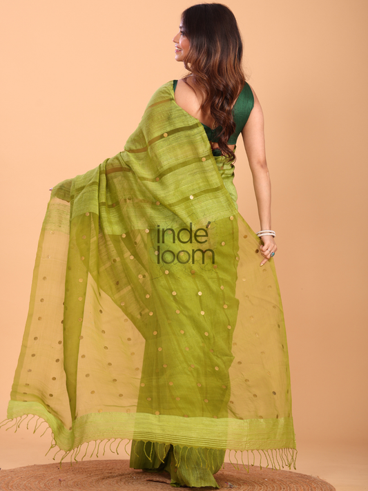 Handwoven Pure Jamdani Silk Saree  |  Pistachio Green