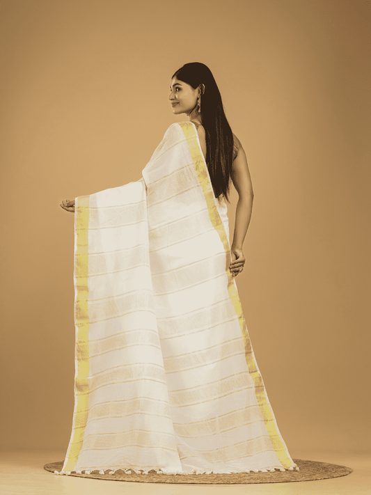 Linen Cotton Saree With Snow White and Yellow Border - 047 - indeloom