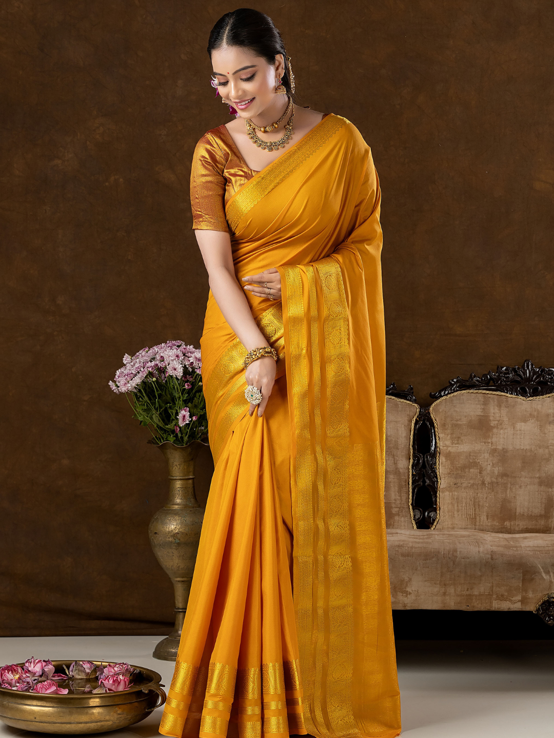 Classic Mysore Semi Silk Saree | Mustard Gold