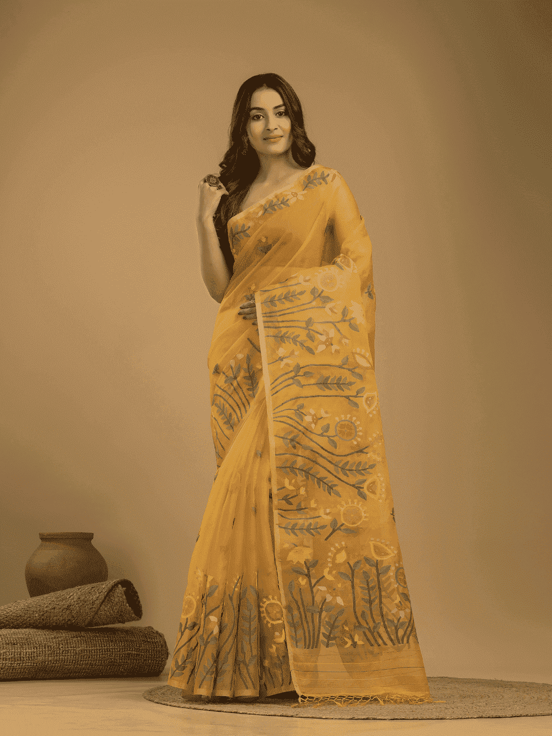 Jamdani Saree With Mustard Yellow - 04 - indeloom