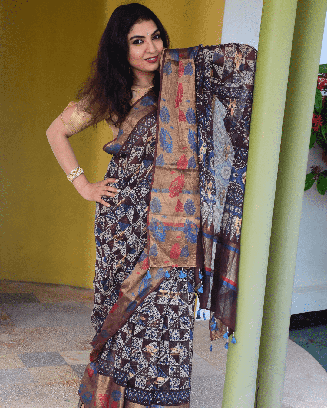 Ajrakh Exclusive designer Chanderi Saree with Floral Zari border - 029 - indeloom