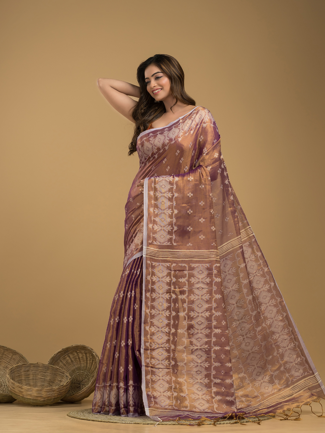 Tissue Silk Jamdani Saree Coffe Brown -044