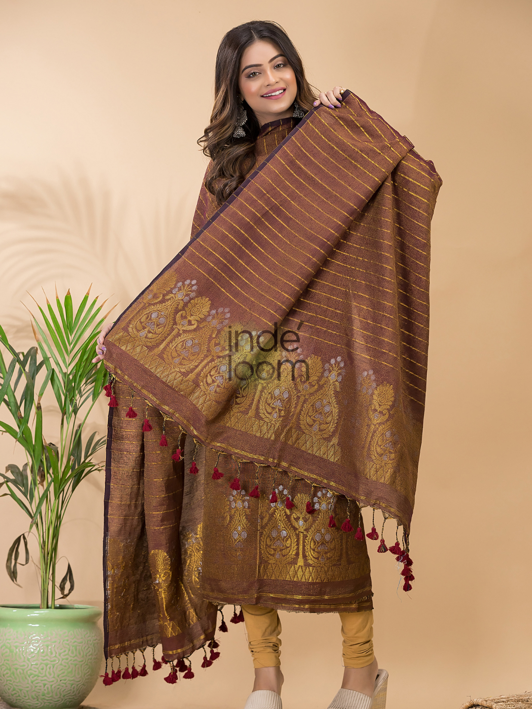 Chocolate Brown Organic Linen 2-Piece Set Kurti & Dupatta (UNSTITCHED) - 076