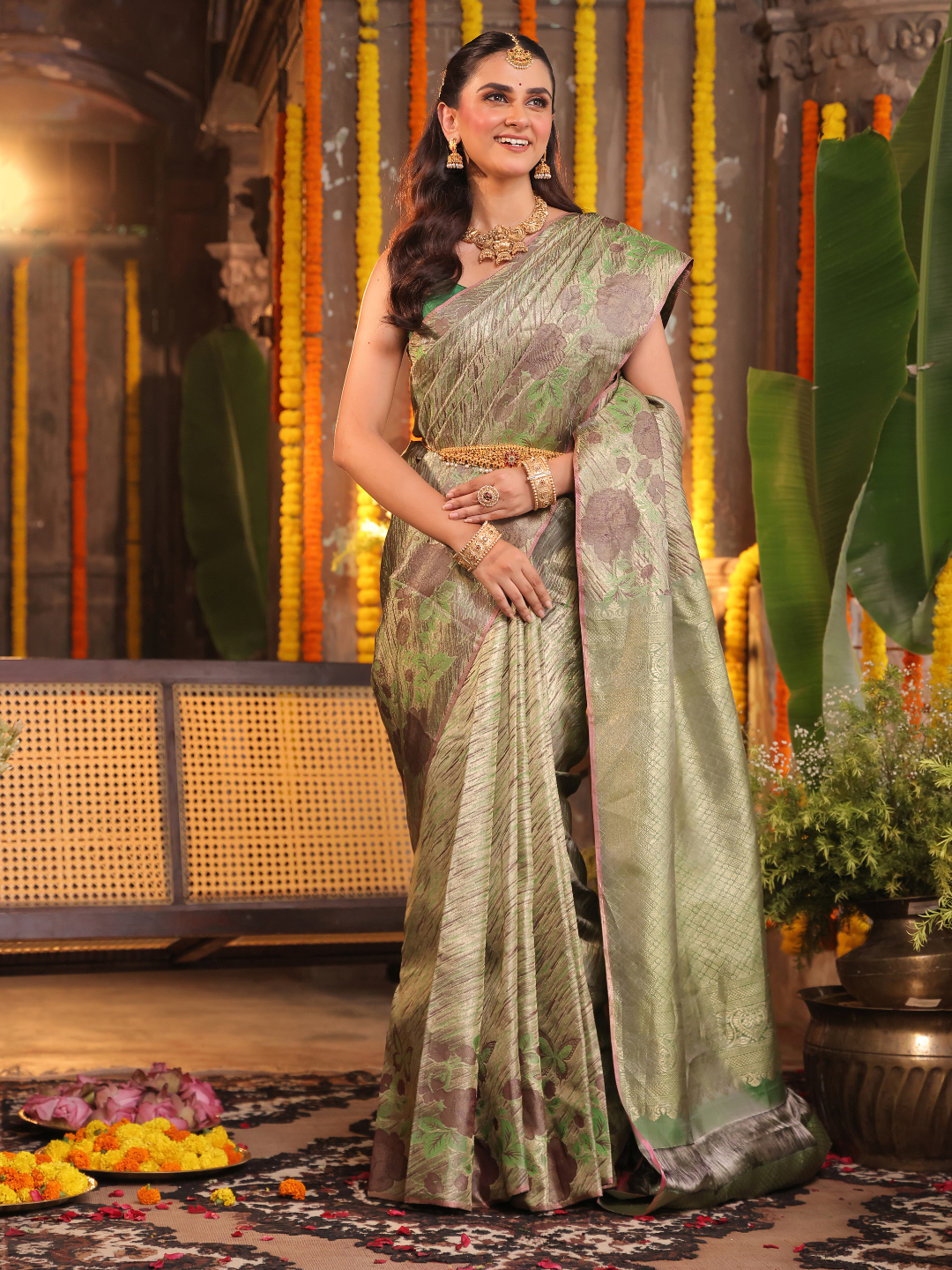 Harini Vastra - Golden Jade green silk with peacock buttas and zari elegance
