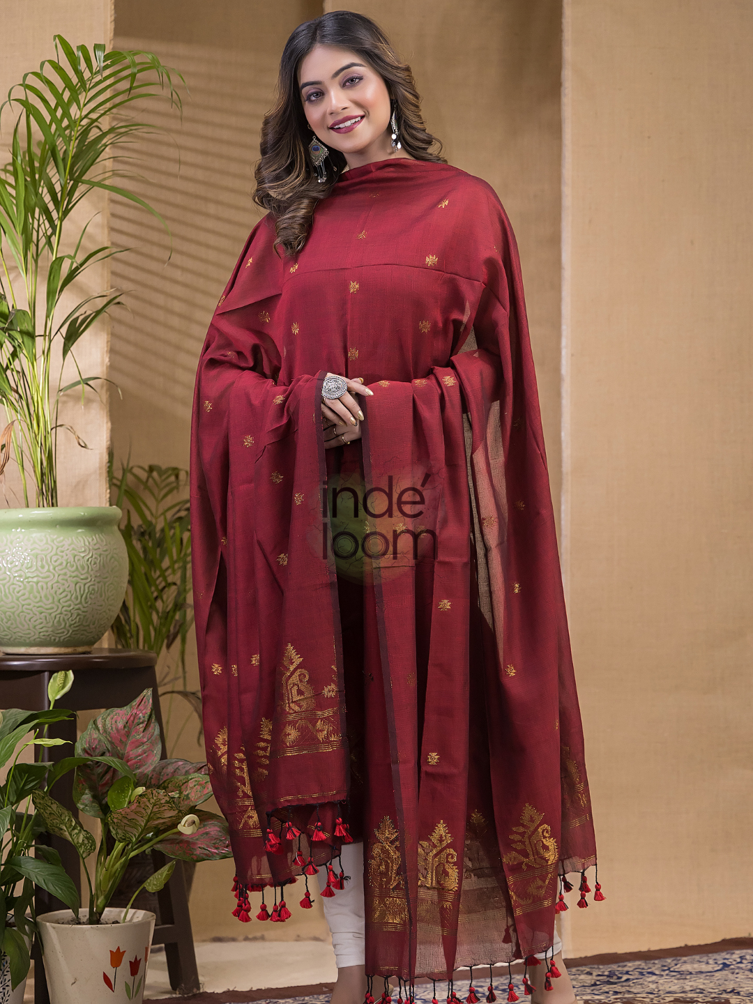 Blood Red Natural Dye Cotton by Cotton (100 Count Soft Cotton) 2 Piece Set Kurti & Dupatta (UNSTITCHED)  -657
