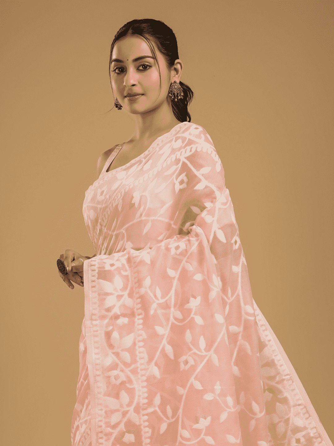 Light Pink Cotton Silk Jamdani Saree - 023 - indeloom