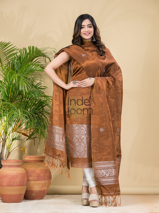 Peanut Brown Tissue Linen Silver Zari Jamdani 2-Piece Set Kurti & Dupatta (UNSTITCHED) - 885