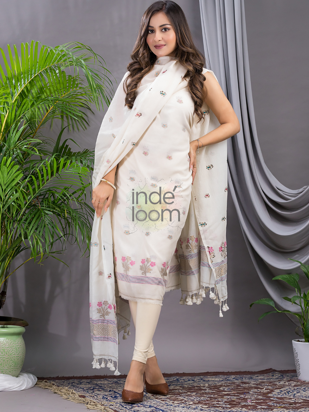 Cream White 120 Count Cotton Jamdani 2-Piece Set Kurti & Dupatta (UNSTITCHED) - 140