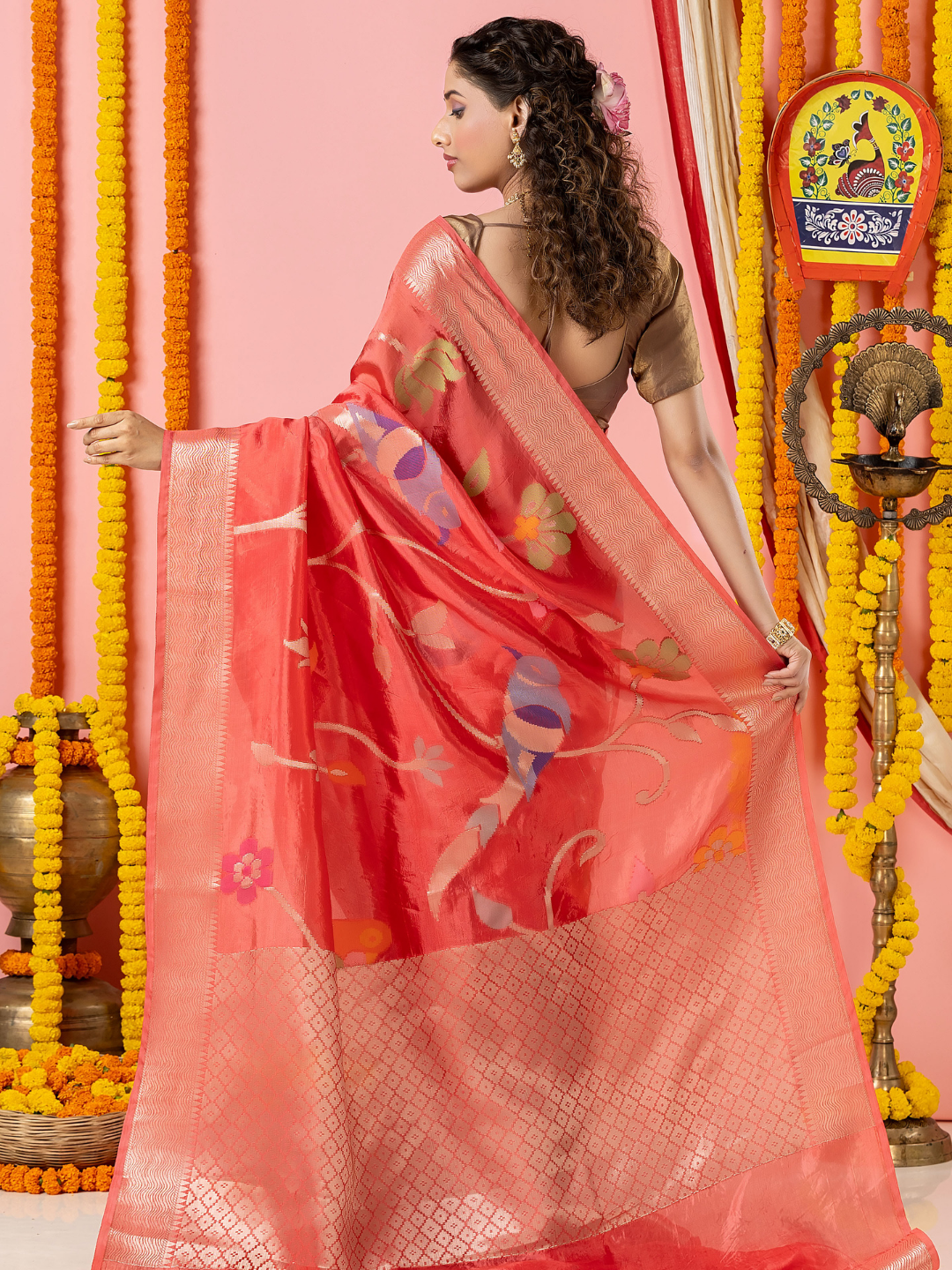 Classic Benarasi Semi Silk Saree | Coral Red