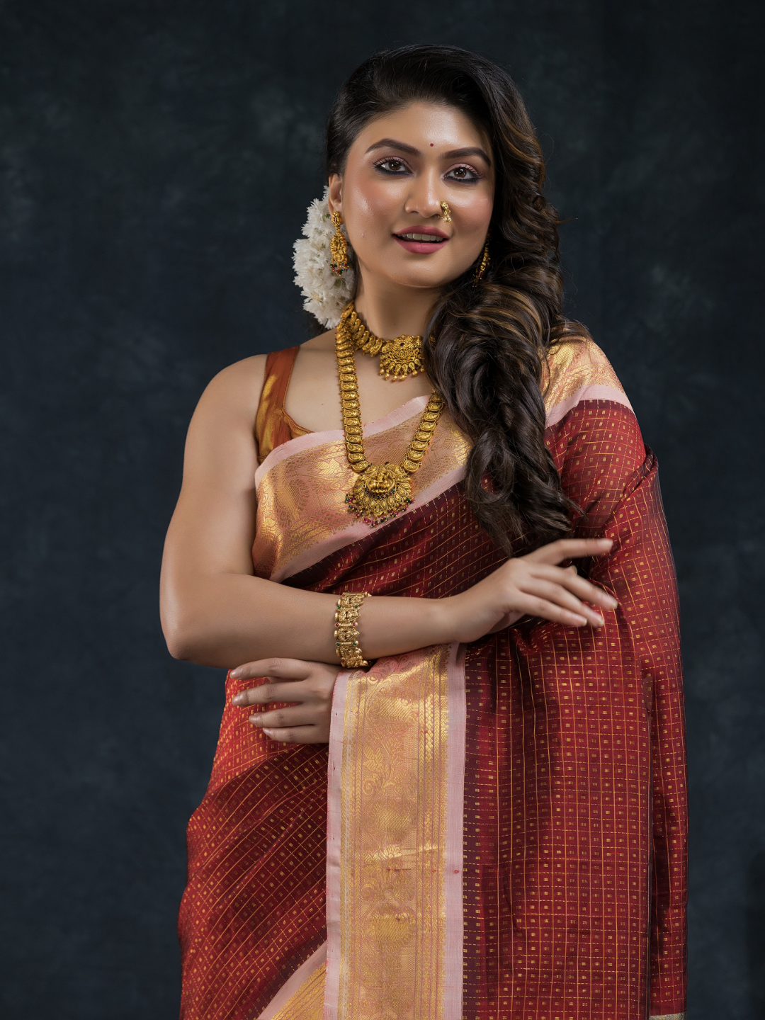 Pure Handloom Korvai Silk Cotton Saree In Red Brown -178