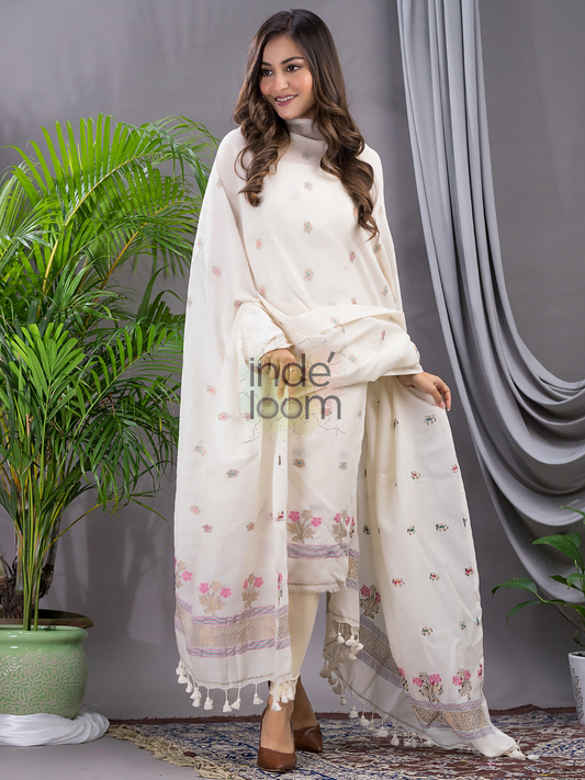 Cream White 120 Count Cotton Jamdani 2-Piece Set Kurti & Dupatta (UNSTITCHED) - 140