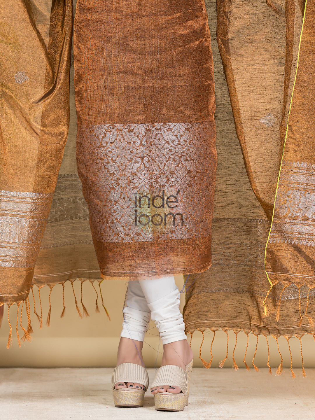 Peanut Brown Tissue Linen Silver Zari Jamdani 2-Piece Set Kurti & Dupatta (UNSTITCHED) - 885
