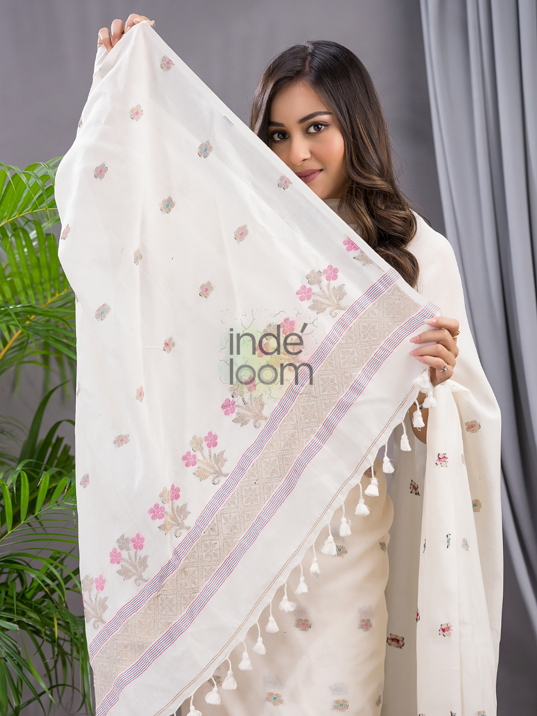 Cream White 120 Count Cotton Jamdani 2-Piece Set Kurti & Dupatta (UNSTITCHED) - 140