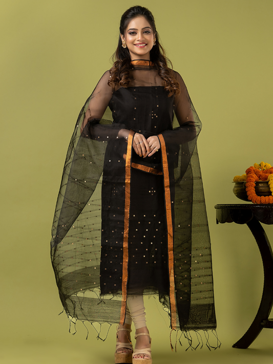 Handwoven Jamdani Muslin Unstitched 2-piece Kurti | Jet Black
