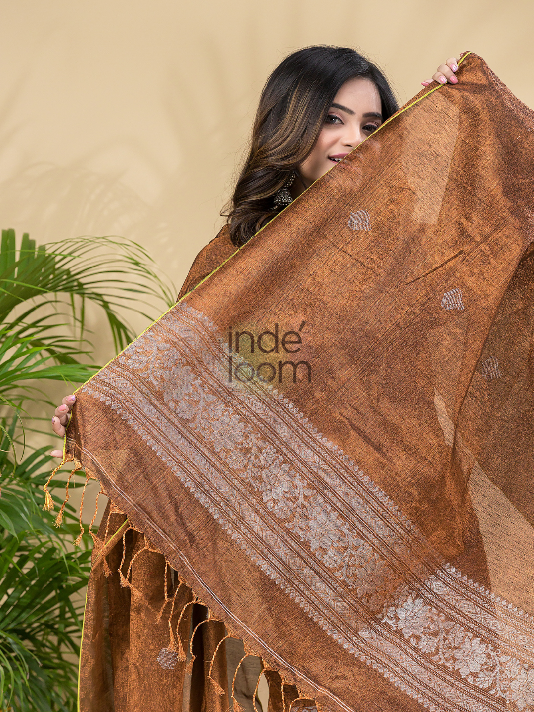 Peanut Brown Tissue Linen Silver Zari Jamdani 2-Piece Set Kurti & Dupatta (UNSTITCHED) - 885