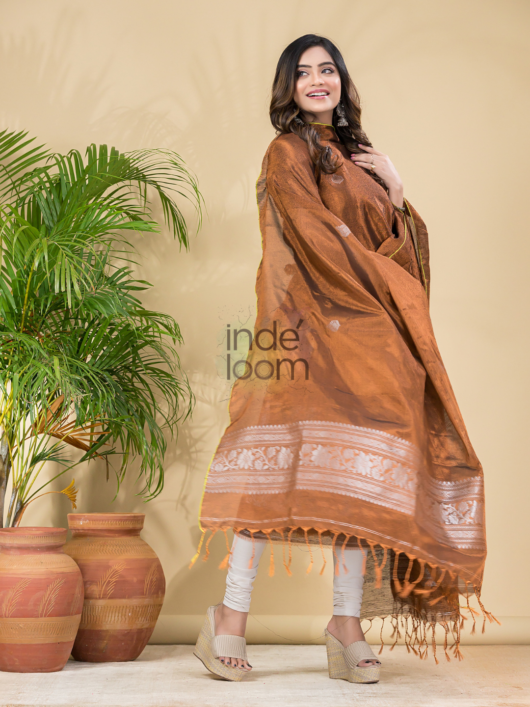 Peanut Brown Tissue Linen Silver Zari Jamdani 2-Piece Set Kurti & Dupatta (UNSTITCHED) - 885