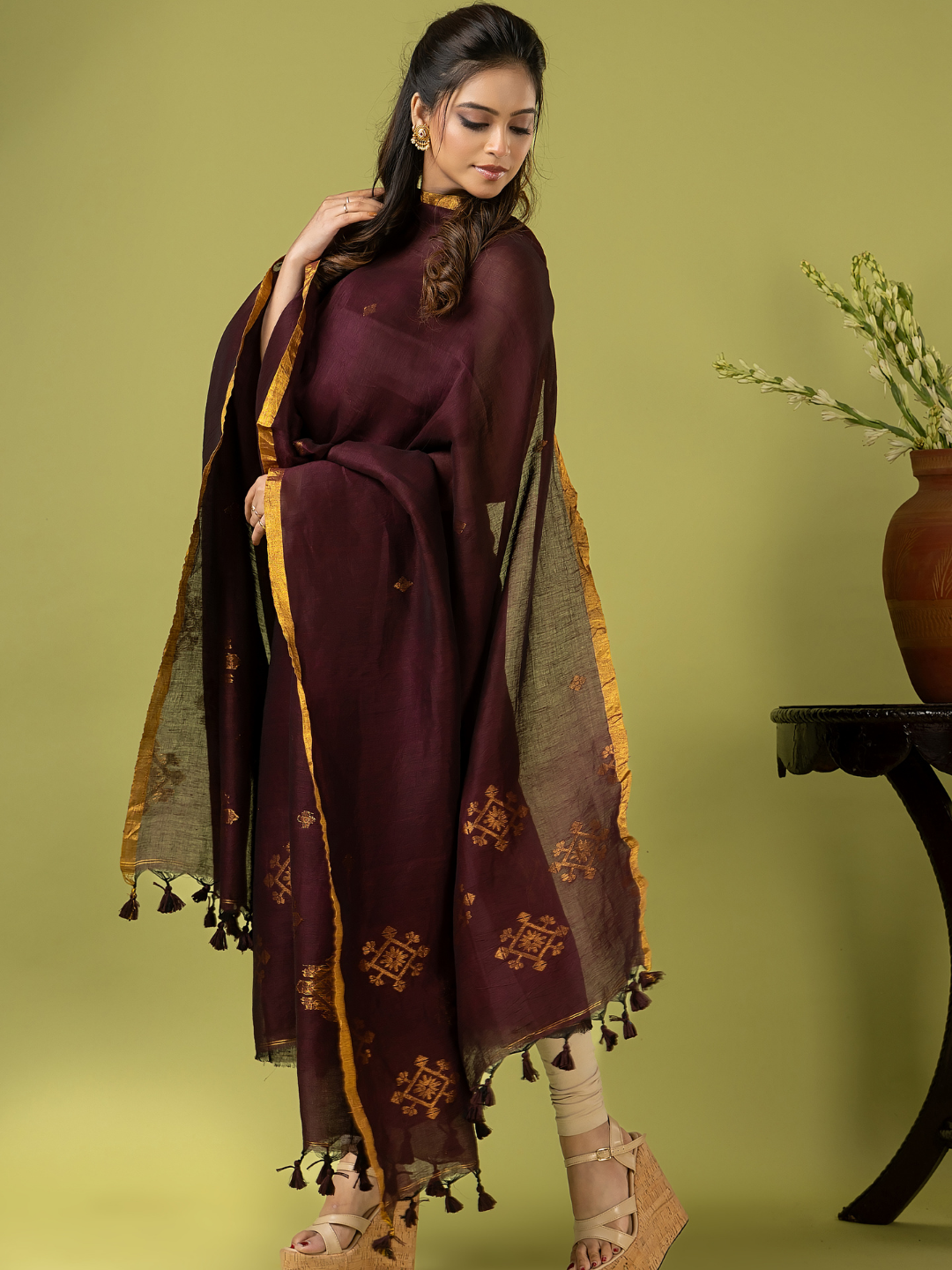 Handwoven Jamdani Linen Unstitched 2-piece Kurti | Plum Brown