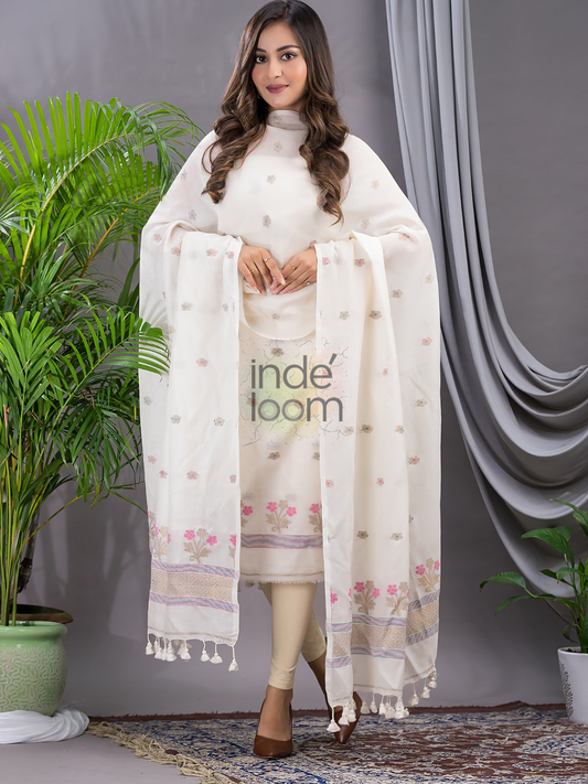 Cream White 120 Count Cotton Jamdani 2-Piece Set Kurti & Dupatta (UNSTITCHED) - 140