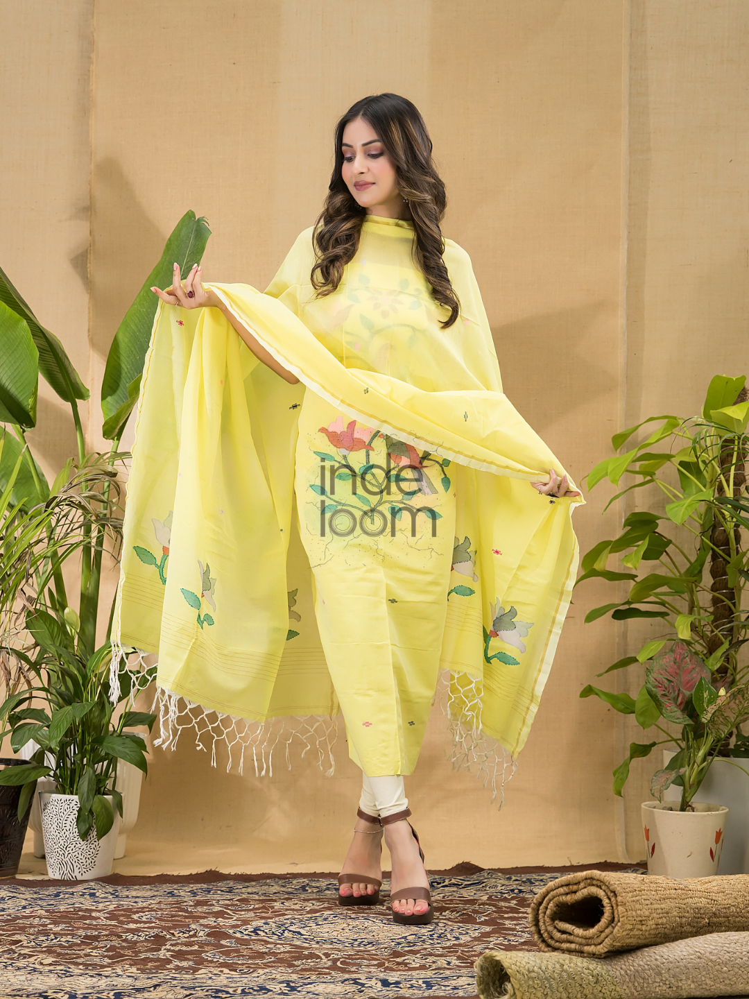 Pineapple Yellow Jamdani 2-Piece Set Kurti & Dupatta (UNSTITCHED) -756