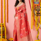 Classic Benarasi Semi Silk Saree | Coral Red