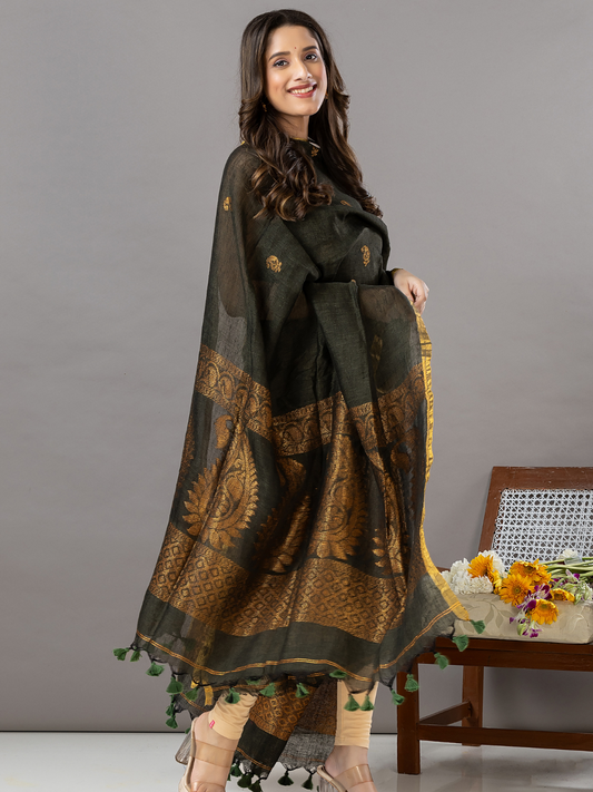 Handwoven Jamdani Linen Unstitched 2-Piece Kurti | Dark Olive Green