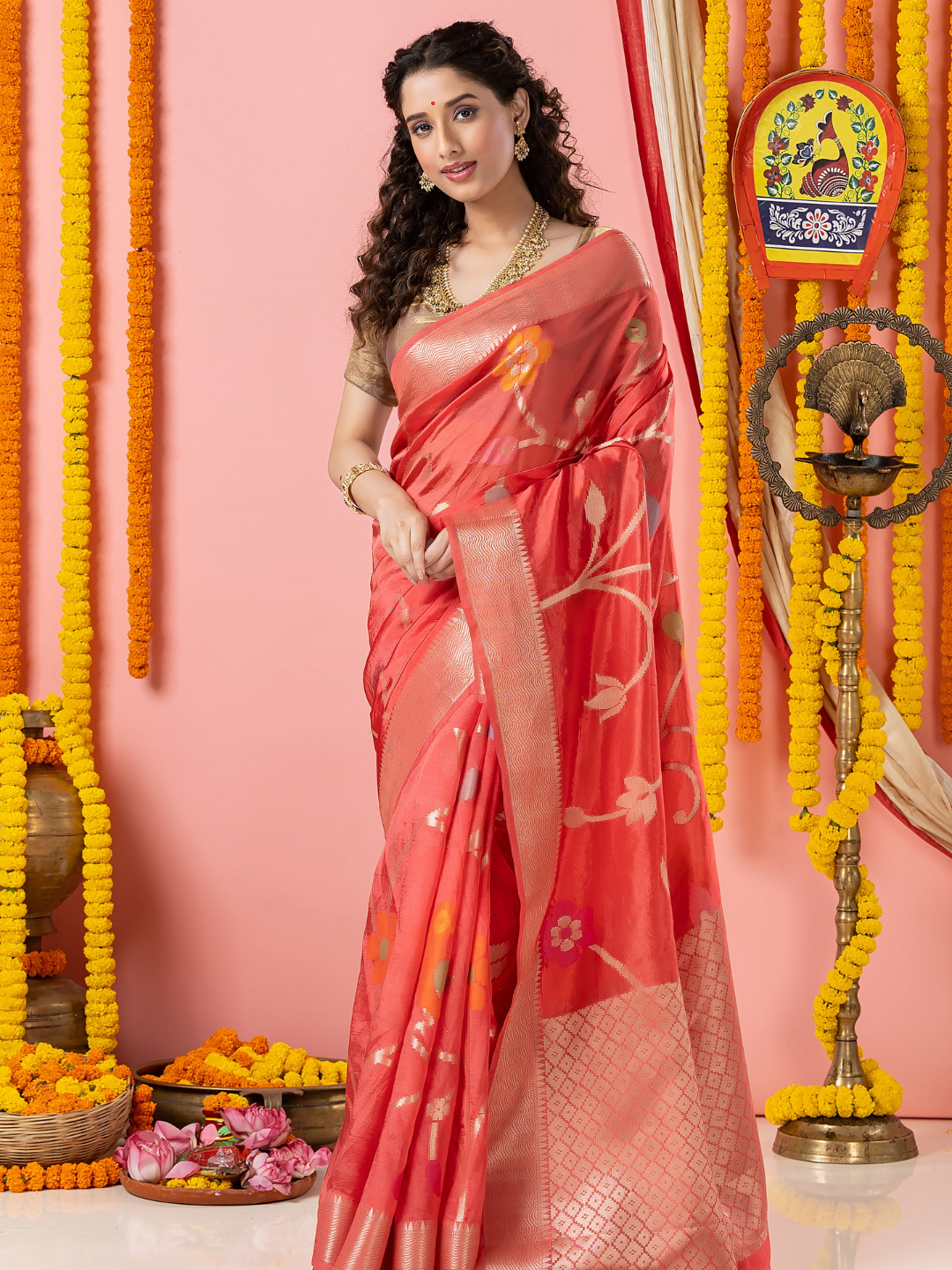 Classic Benarasi Semi Silk Saree | Coral Red
