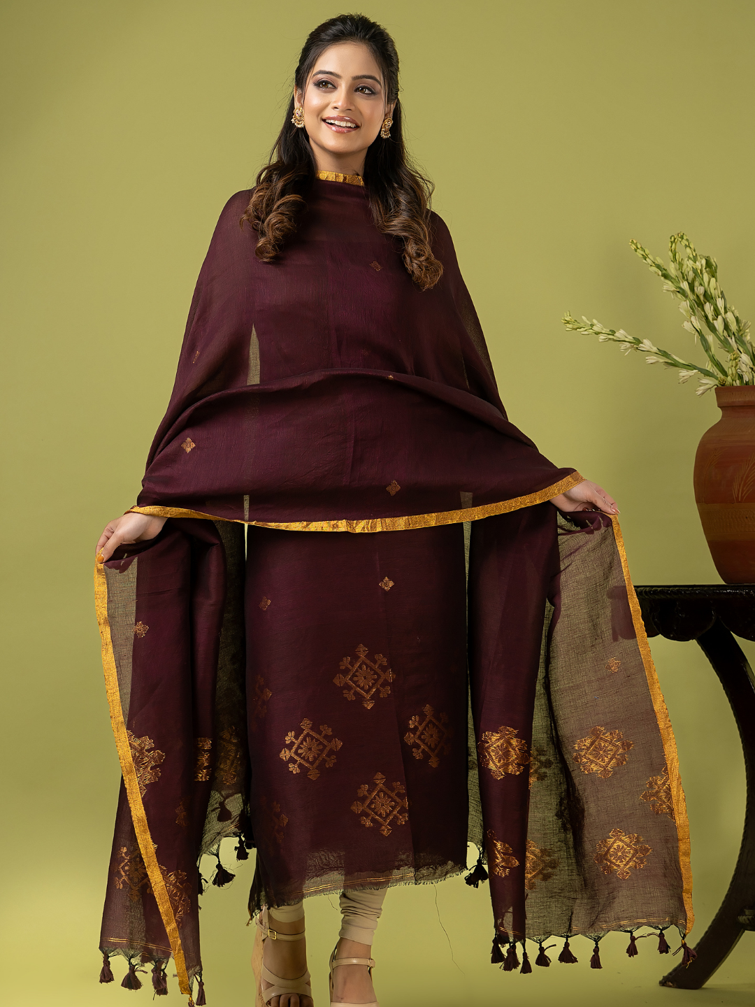 Handwoven Jamdani Linen Unstitched 2-piece Kurti | Plum Brown