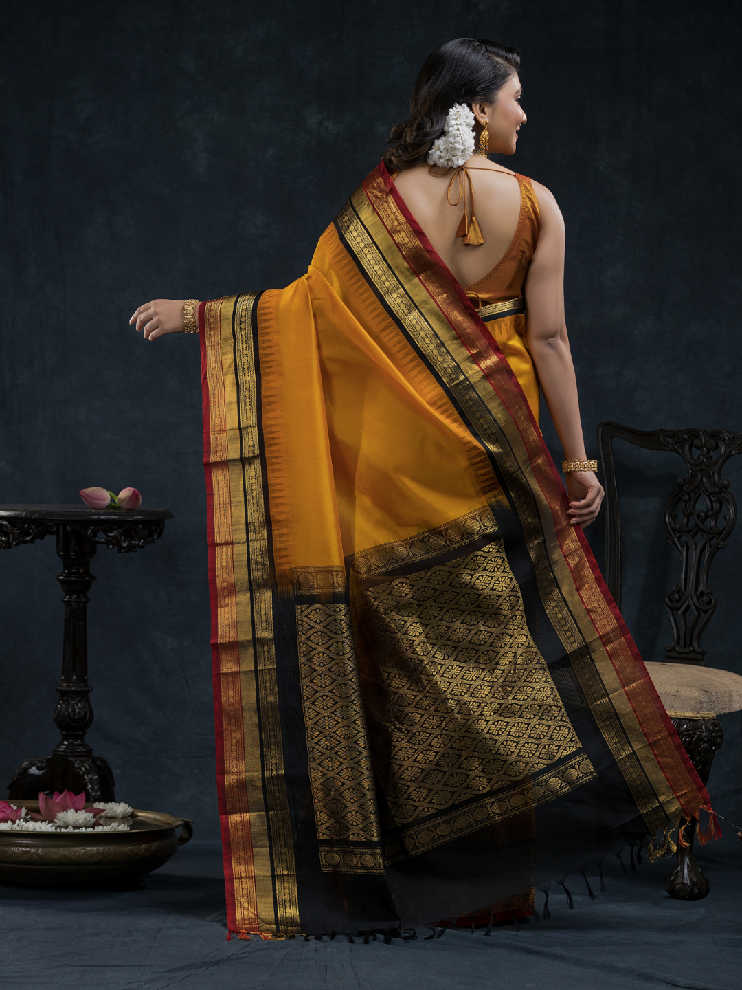 Pure Handloom Korvai Silk Cotton Saree In Mustard Yellow -180