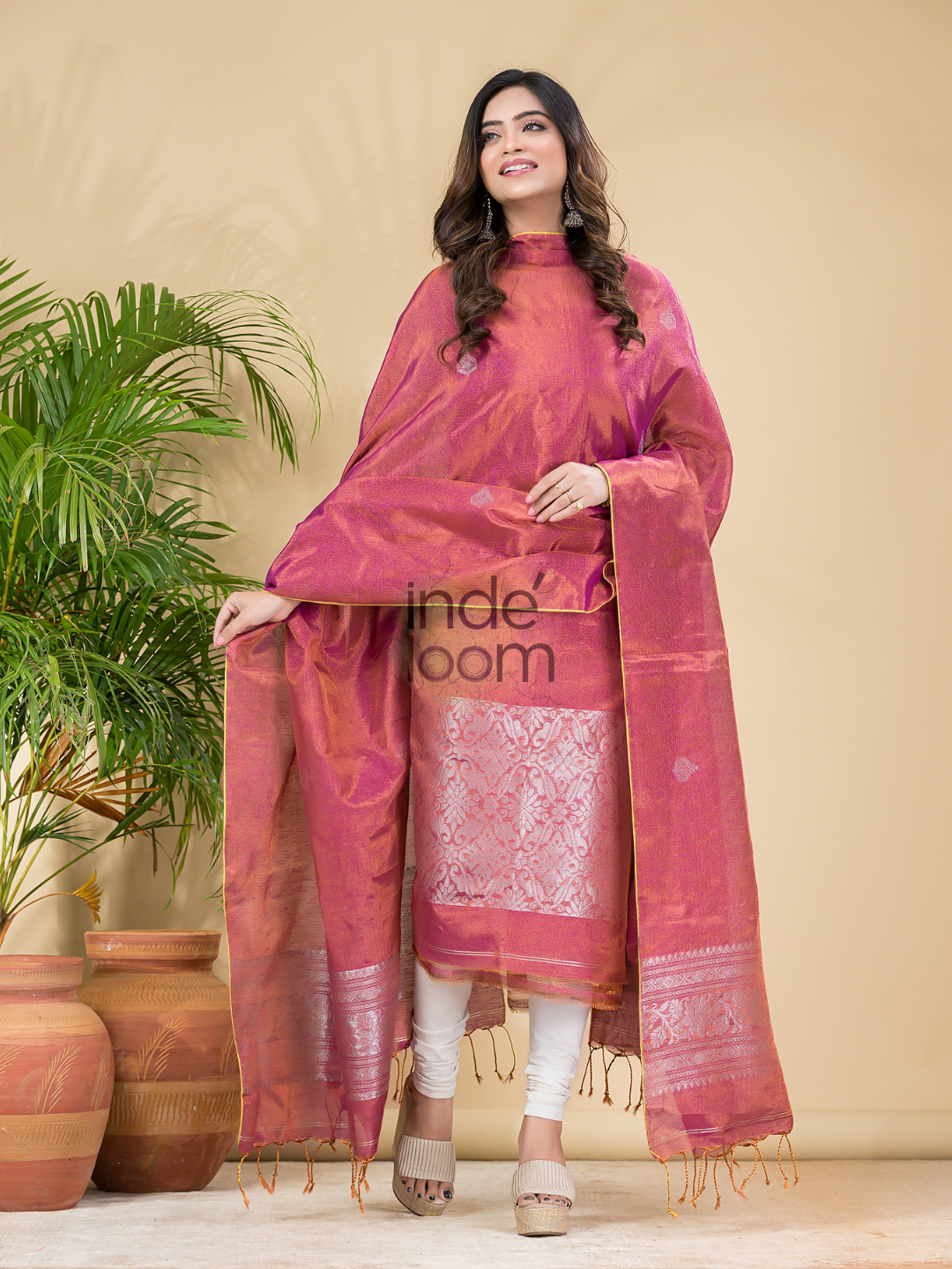 Pastel red Tissue Linen Silver Zari Jamdani 2-Piece Set Kurti & Dupatta (UNSTITCHED) - 884