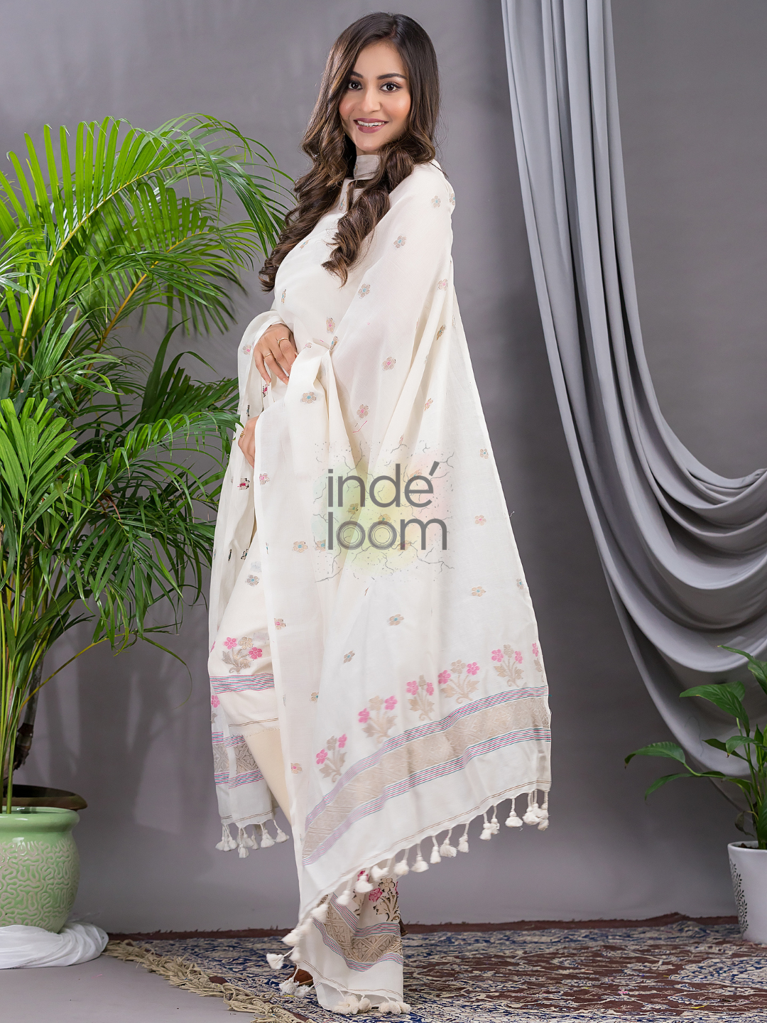 Cream White 120 Count Cotton Jamdani 2-Piece Set Kurti & Dupatta (UNSTITCHED) - 140