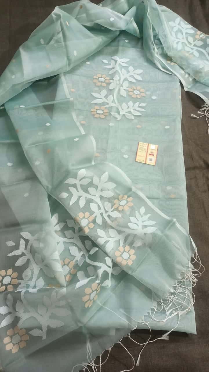Muslin Jamdani 2-Piece Set Kurti & Dupatta (UNSTITCHED) - Baby Green - 071