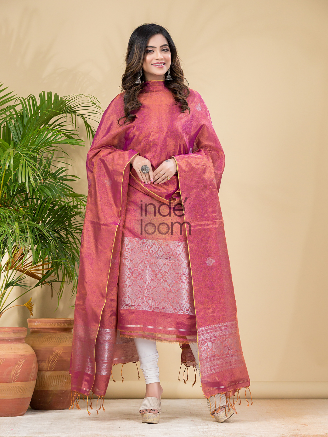 Pastel red Tissue Linen Silver Zari Jamdani 2-Piece Set Kurti & Dupatta (UNSTITCHED) - 884