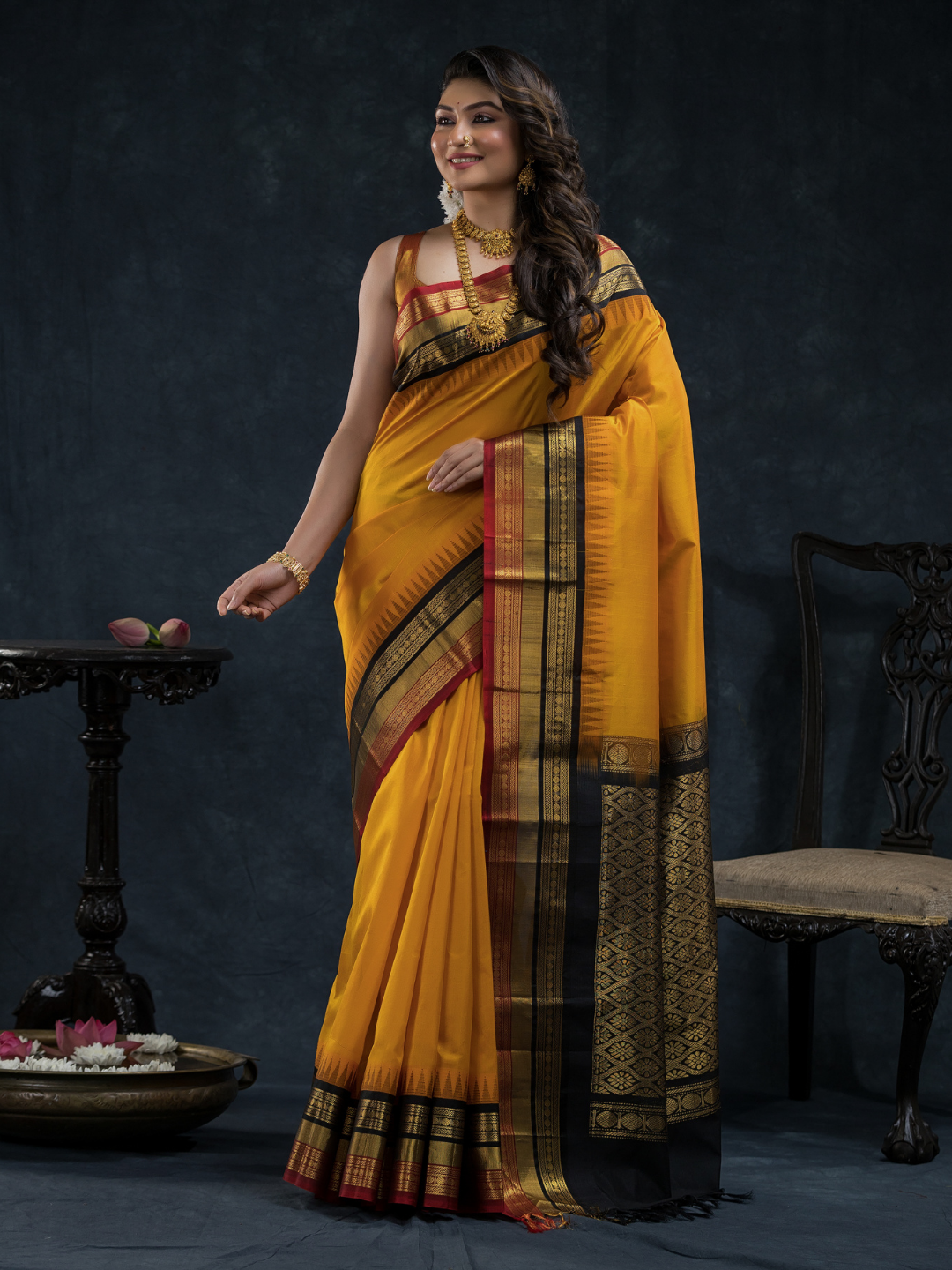 Pure Handloom Korvai Silk Cotton Saree In Mustard Yellow -180