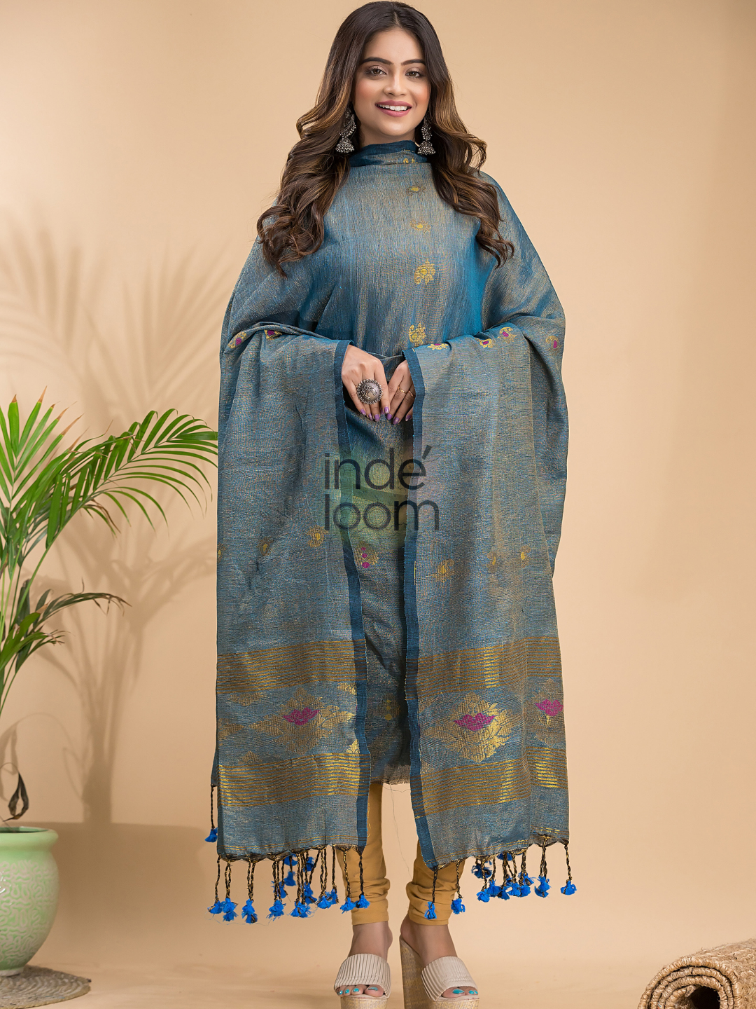 Steel Blue Tissue Linen 2-Piece Set Kurti & Dupatta (UNSTITCHED) - 041